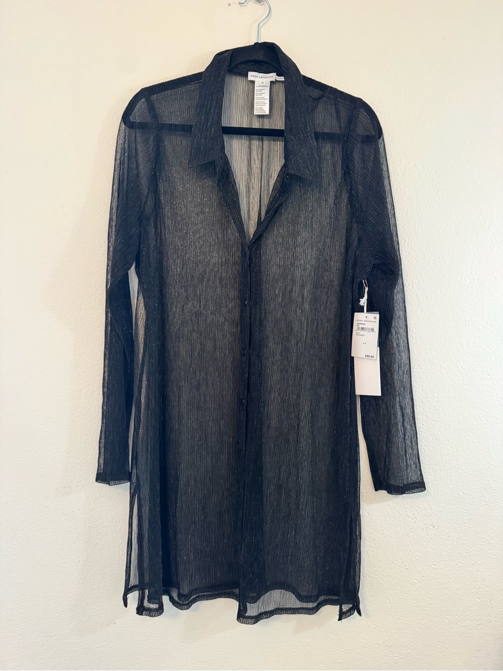 Good American Sheer Ribbed Button-Front Cover-Up in Black